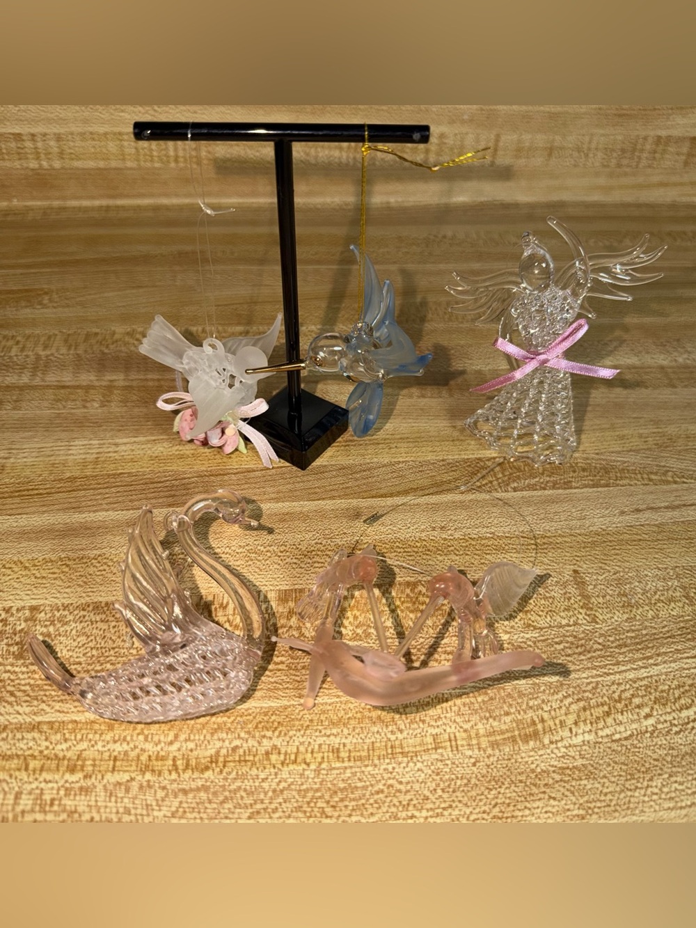 lot of 5 vintage hand blown spun glass ornaments Christmas‎ hummingbirds angel